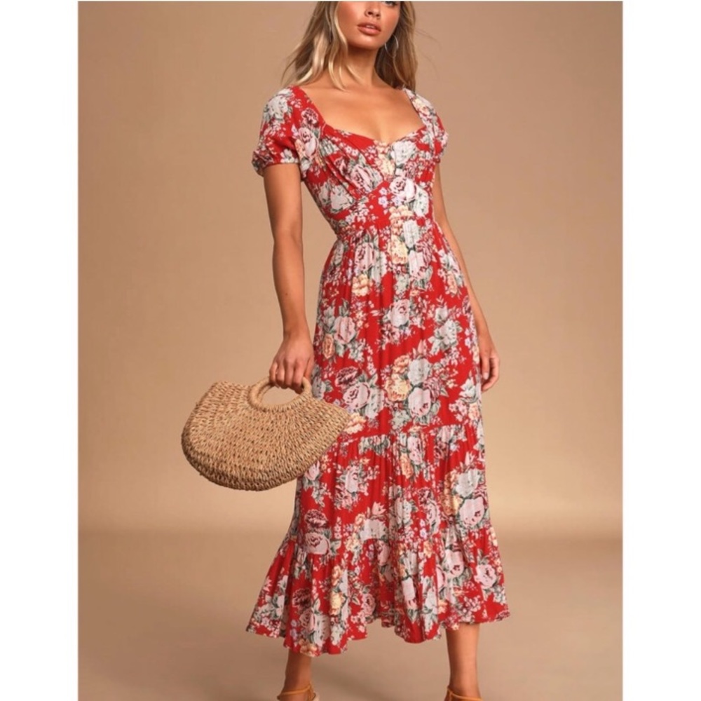 Auguste The Label Red Floral Midi Dress